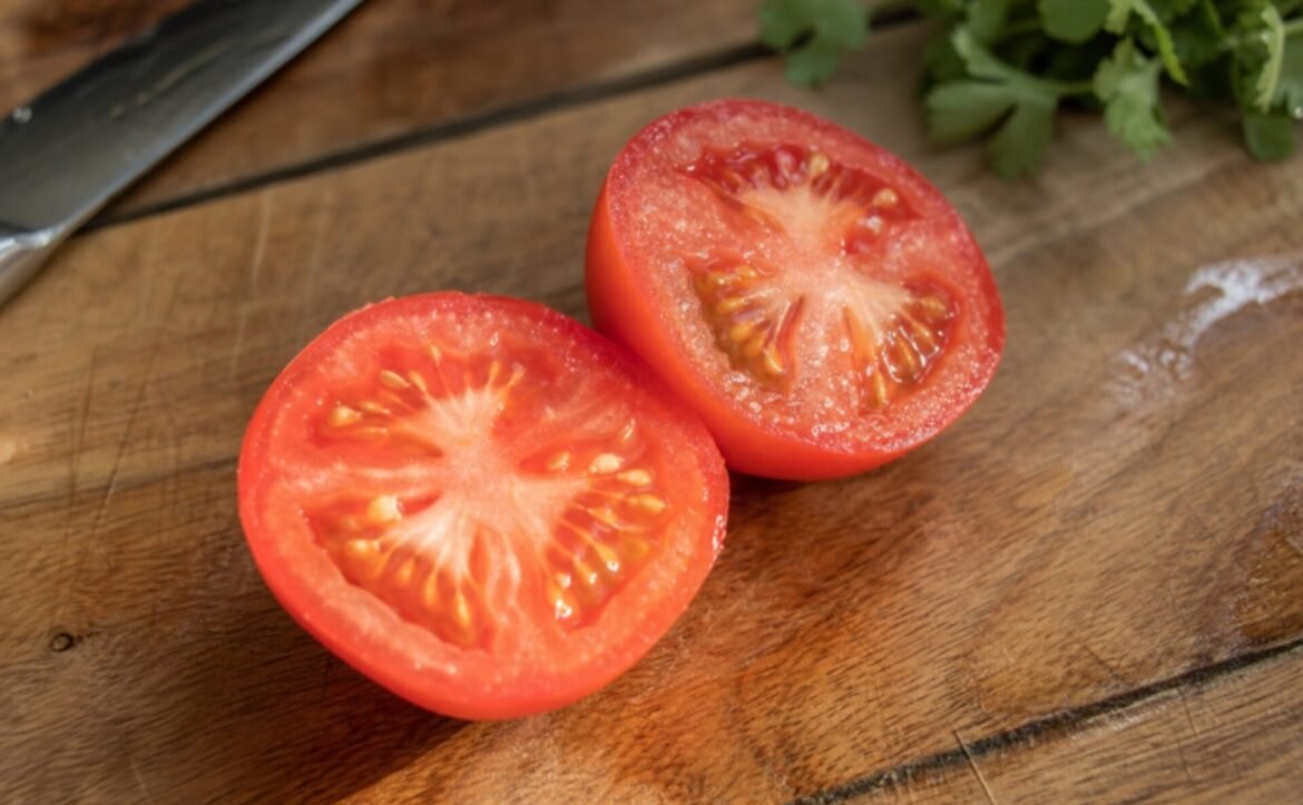 Two tomato halves on a wooden cutting board with a knife in the background and fresh herbs nearby, ready for slicing or chopping.