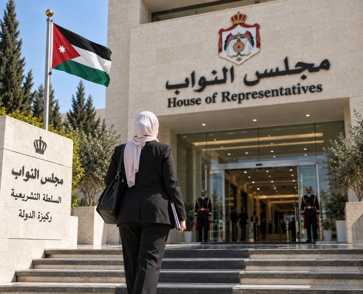 A woman in a blazer and light headscarf approaches the entrance of a government building labeled 'House of Representatives' with guards at the doorway and a Jordanian flag nearby.
