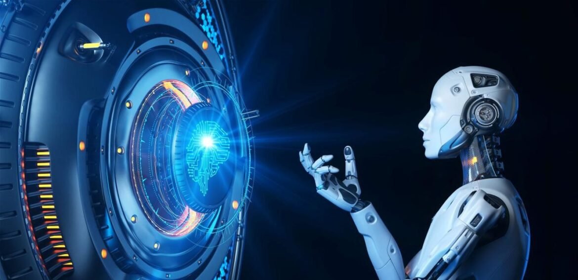 Humanoid robot extends a finger toward a glowing circular data portal with blue circuitry.