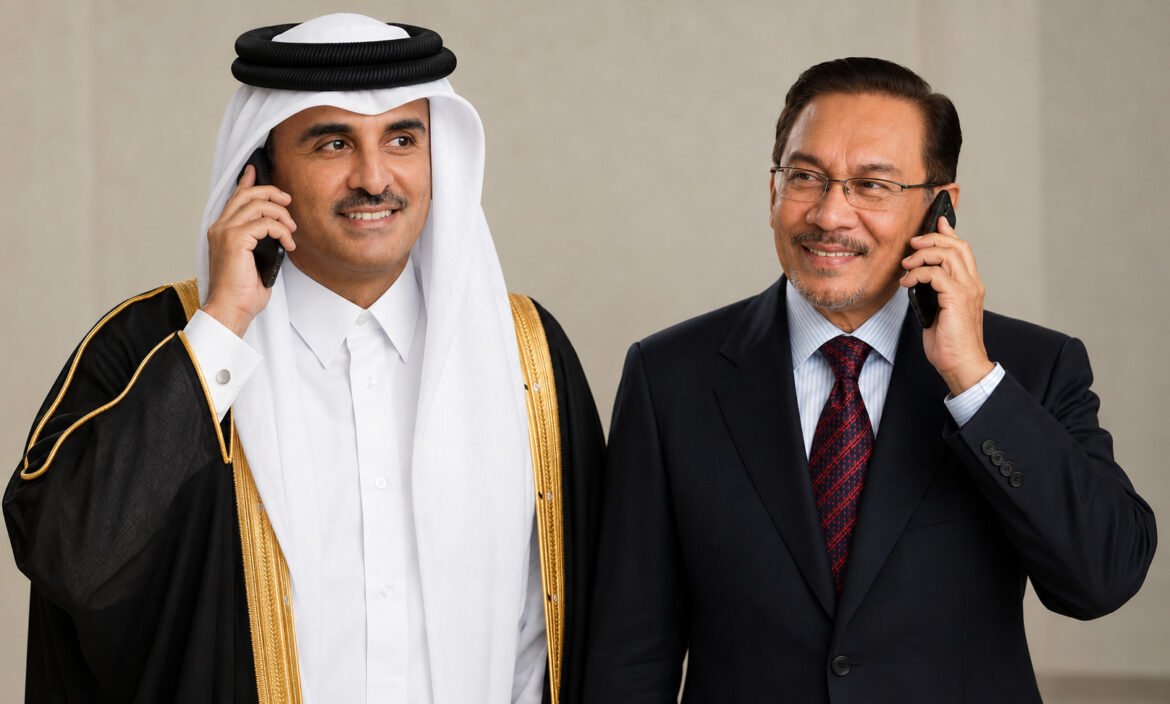 Two men on cell phones, smiling; one in traditional Middle Eastern robes and headwear, the other in a dark suit and red striped tie.