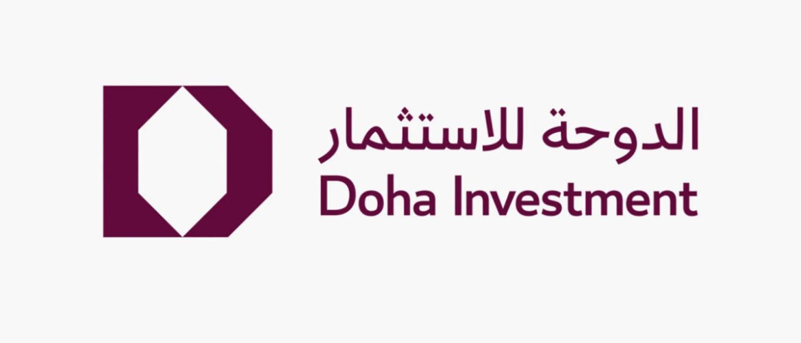 Doha Investment logo featuring a maroon geometric icon to the left and Arabic and English text to the right