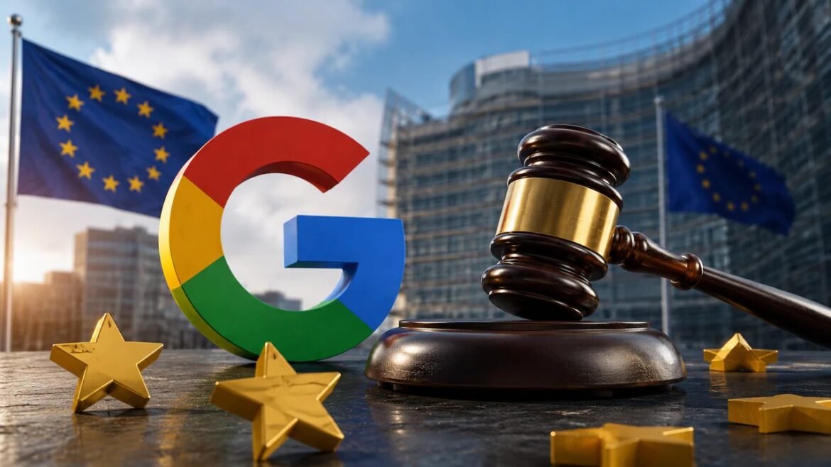 Gavel on a desk with Google's colorful logo and EU flags, symbolizing Europe tech regulation and law of digital platforms.
