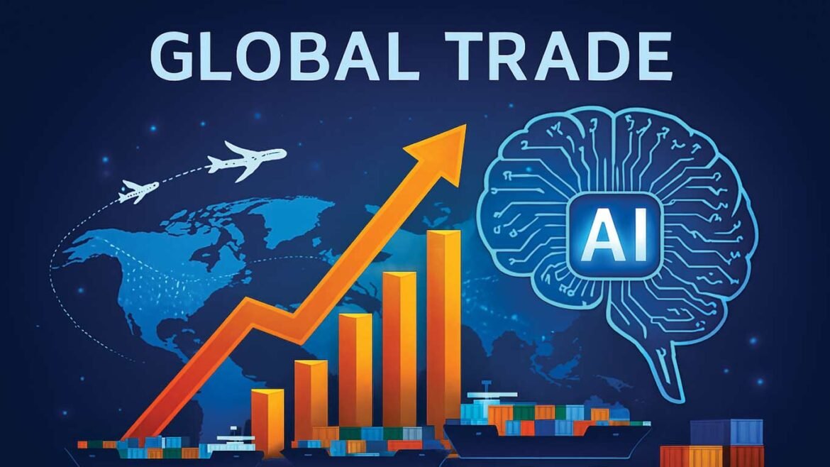 Global trade concept with rising orange bar chart, ships, and a glowing AI brain over a world map.
