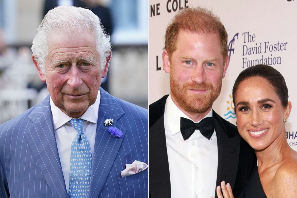 Left shows Prince Charles in a blue pinstripe suit with a lavender tie and pocket square; right shows Prince Harry with Meghan Markle in formal wear at a charity event.