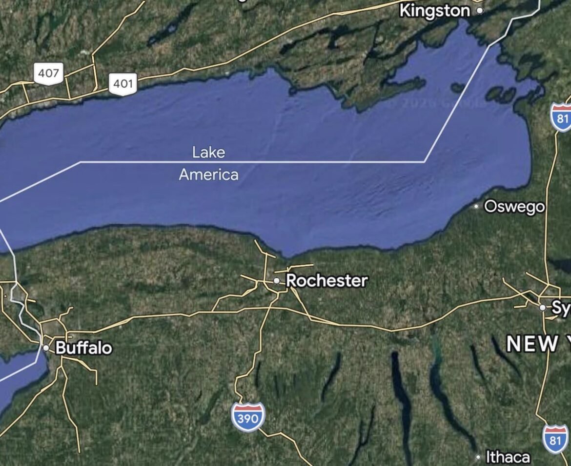 Map of western New York with Lake America along the shore, showing Rochester, Buffalo, Oswego, and major highways (I-81, I-390).