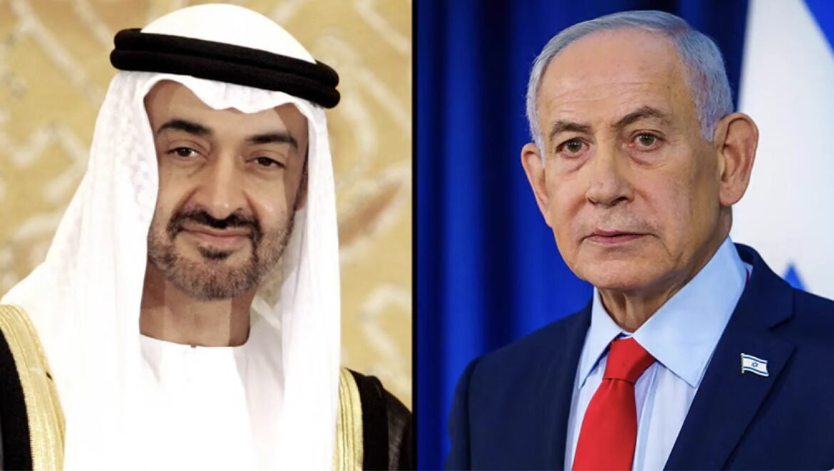 Split image of two men in formal attire: left in white traditional Arab dress smiling, right in a dark suit with red tie against a blue backdrop with a small flag pin