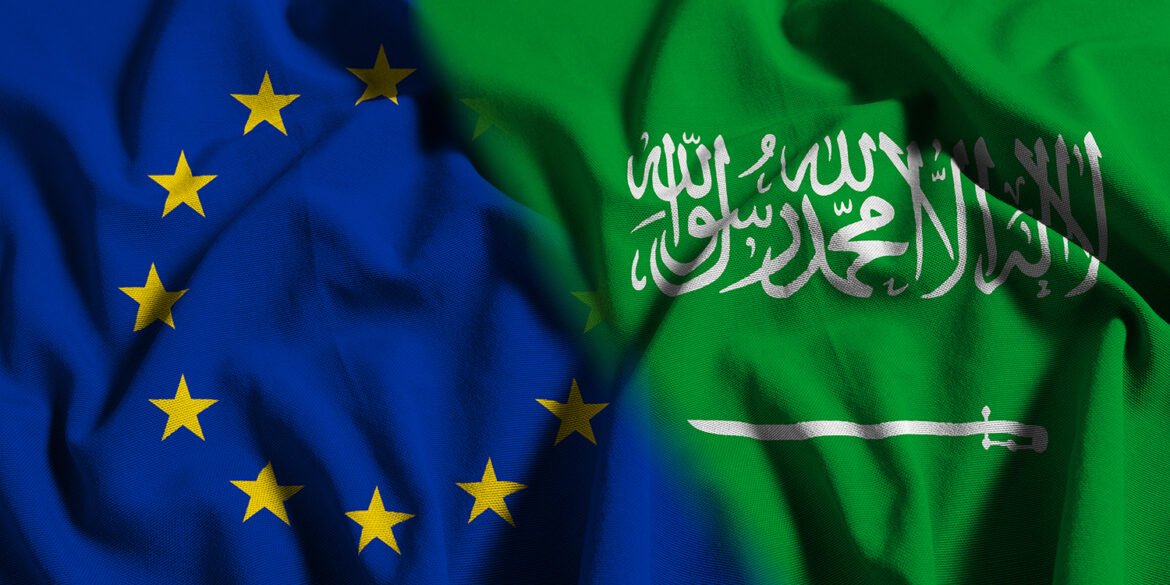 Flag graphic showing the European Union flag blended with the Saudi Arabian flag, representing EU–Saudi relations.