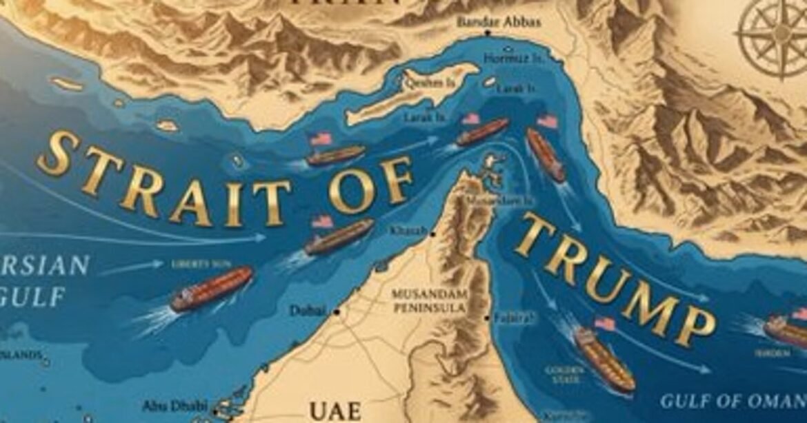 Map showing the Strait of Trump with ships navigating the sea between the UAE and Iran region.