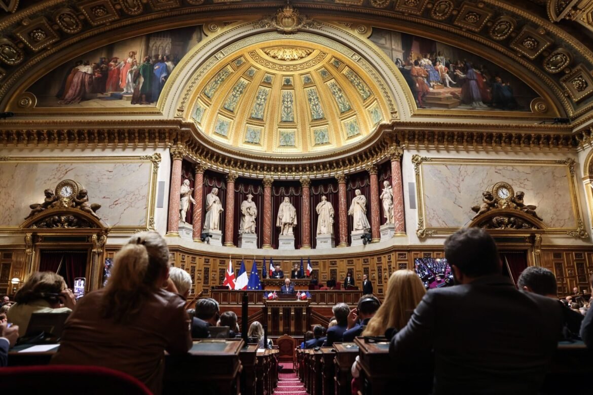 Ornate parliamentary chamber with a gilded dome, marble columns, statues, and lawmakers seated at desks facing a podium; flags display at front.