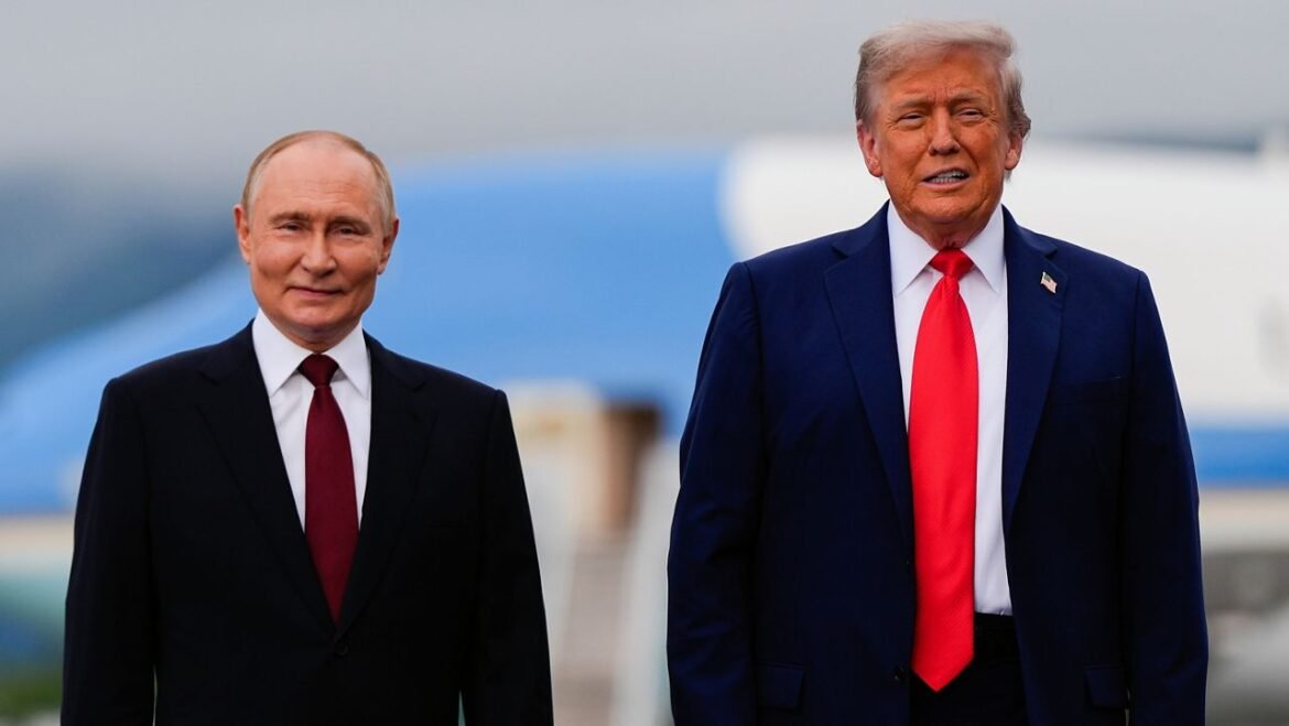 Two world leaders—Vladimir Putin (left) and Donald Trump (right)—standing side by side in suits on a tarmac.
