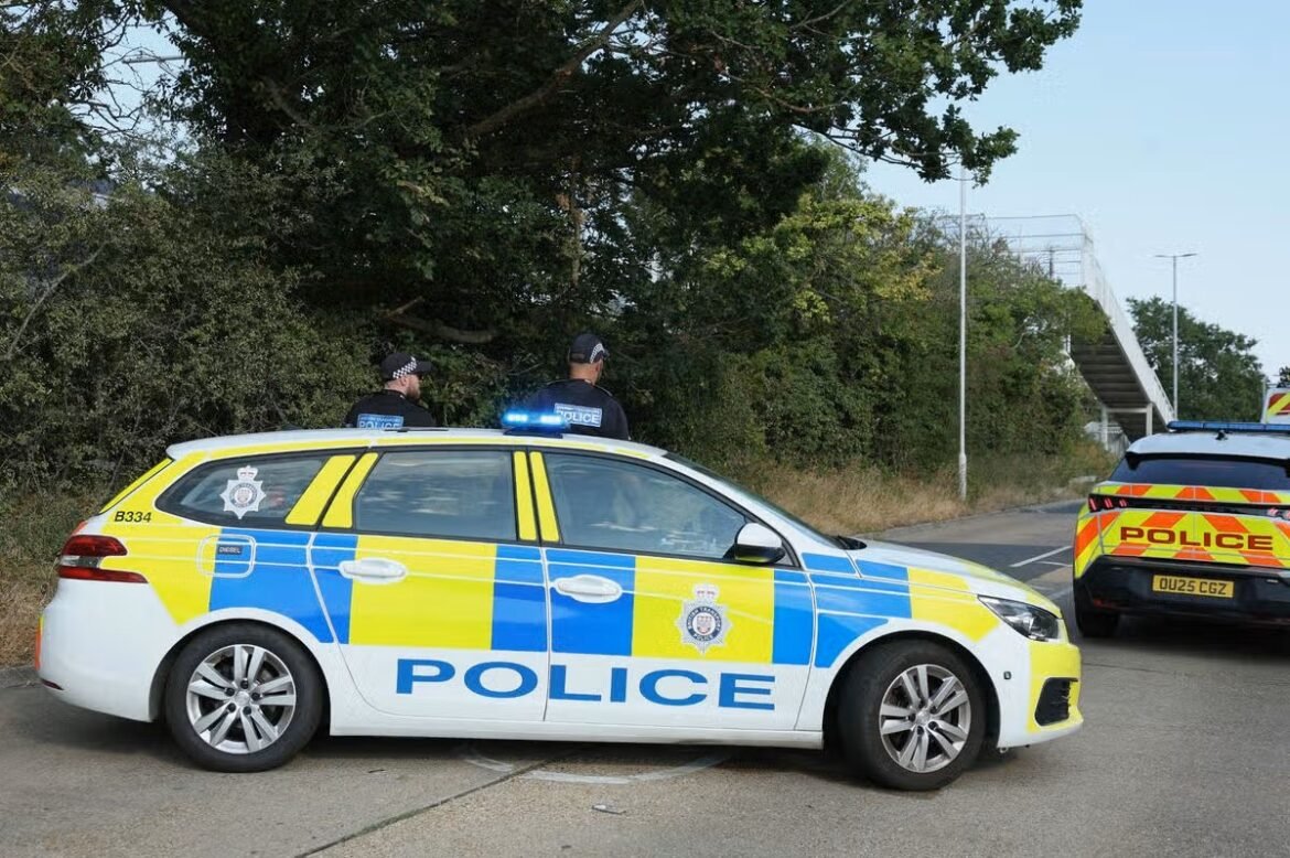 Two police officers stand beside a blue-and-yellow police car with flashing blue lights at a roadside scene by trees and a walkway in the background