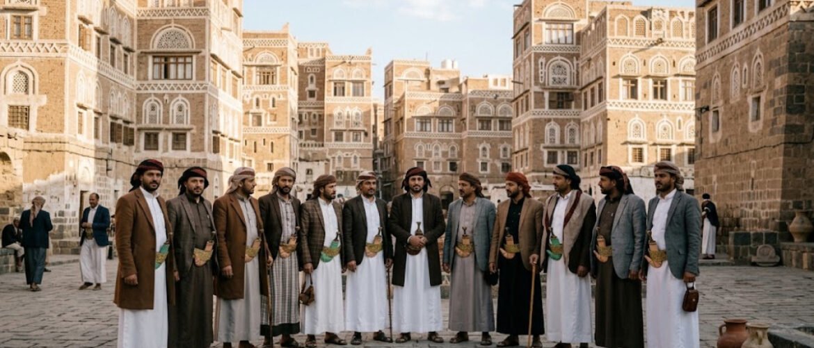 Group of men in traditional Yemeni dress with jambiyas, standing in a historic Sana'a alley lined with ornate brick buildings.