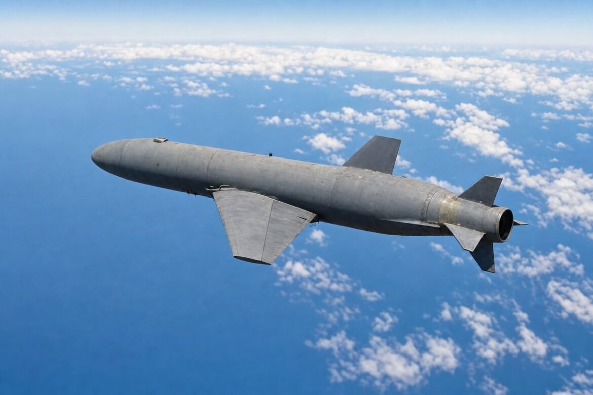 Gray cruise missile flying above white clouds with a blue sky backdrop, viewed from the side, showing its fins and engine nozzle at the rear.