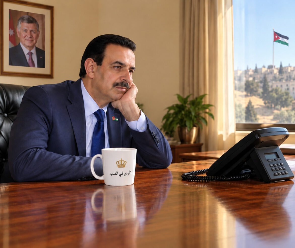 Jordanian official in a navy suit sits at a polished wooden desk, resting his chin on his hand in an office with a framed portrait on the wall and a window showing a flag outside.