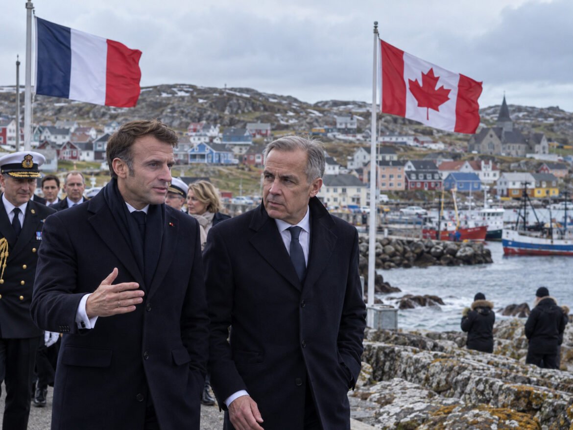 Two men in dark overcoats walk along a rocky harbor while French and Canadian flags fly above, with a coastal town and boats in the background.