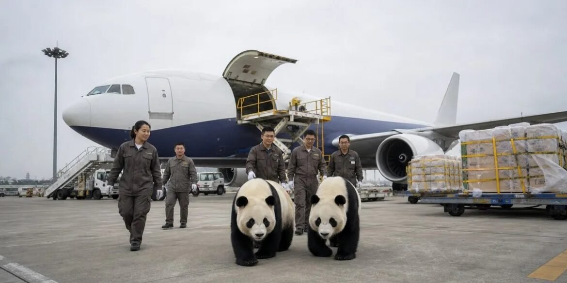 Two pandas escorted by five uniformed workers walk across an airport tarmac with a large jet and loading equipment in the background, suggesting transport of animals.