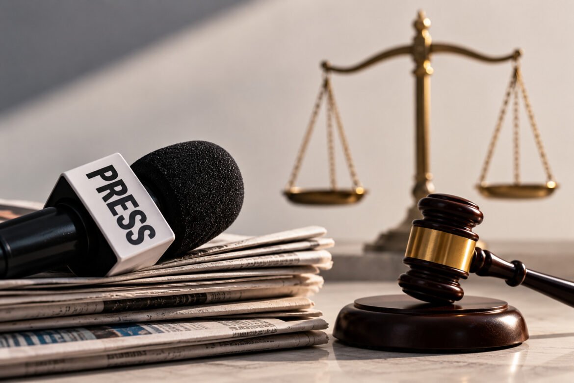 News/legal scene: a PRESS microphone on newspapers with a gavel and scales of justice in the background.