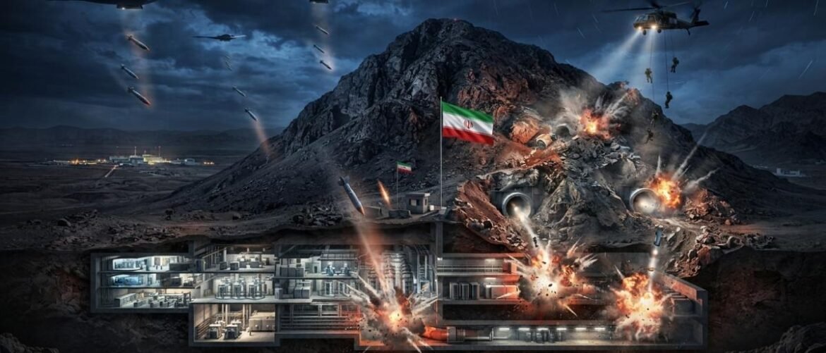 Cross-section of an underground military base under a mountain during an airstrike, with an Iranian flag, missiles and helicopters overhead.