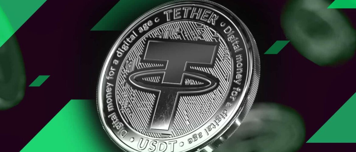 Close-up of a silver Tether (USDT) coin with the Tether logo and surrounding engravings on a dark background with green shapes.