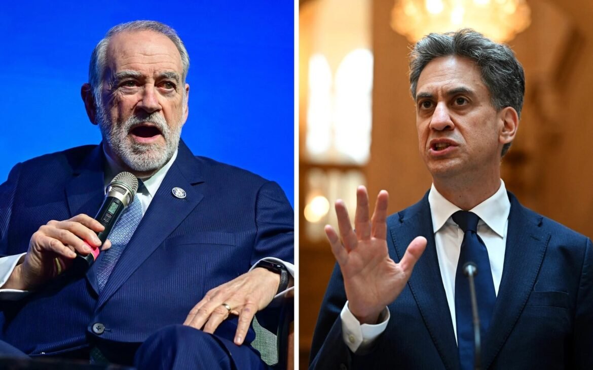 Split image of two men in suits speaking: left panel shows an older man with gray beard speaking into a microphone on a blue backdrop; right panel shows a younger man in a dark suit gesturing with his hands in a formal setting.