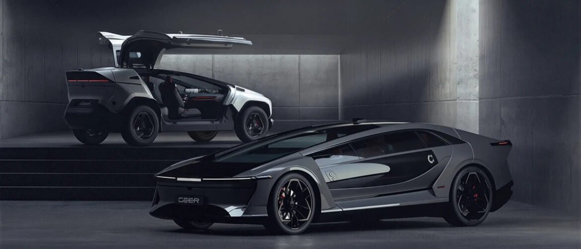 Two futuristic sports cars in a dark showroom: a low black gray coupe in front and a wagon-like vehicle with gullwing doors open in the background.