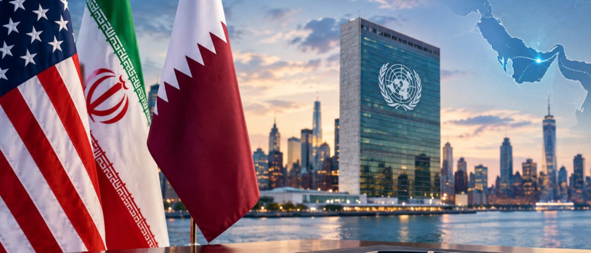 Flags of the United States, Iran, and Qatar fluttering with the UN Headquarters skyscraper and city skyline in the background at dusk on the riverfront.